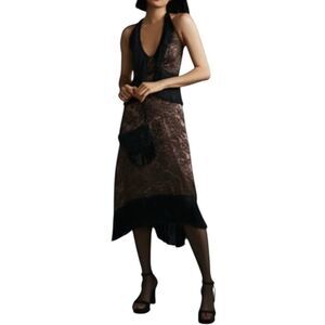 Anthropologie Dress 10 Halter Fringe Silk Floral Burnout Flapper Party New $268